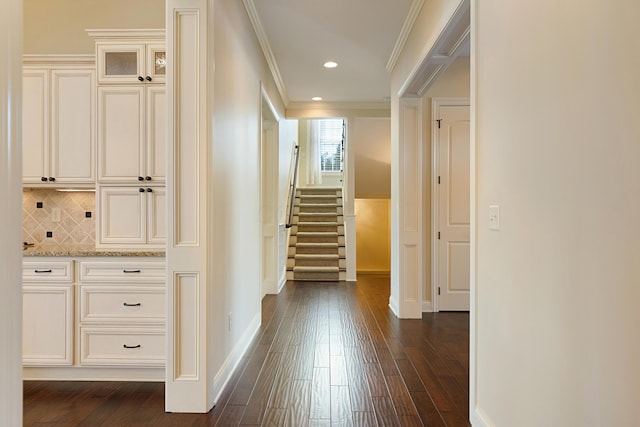 hallway featuring crown molding and dark wood-type flooring