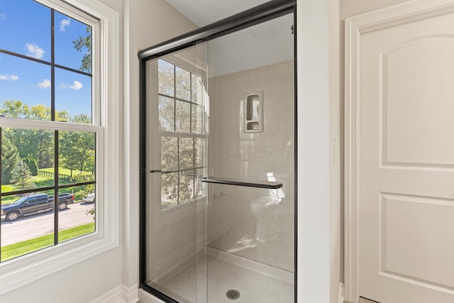 bathroom featuring a shower with shower door