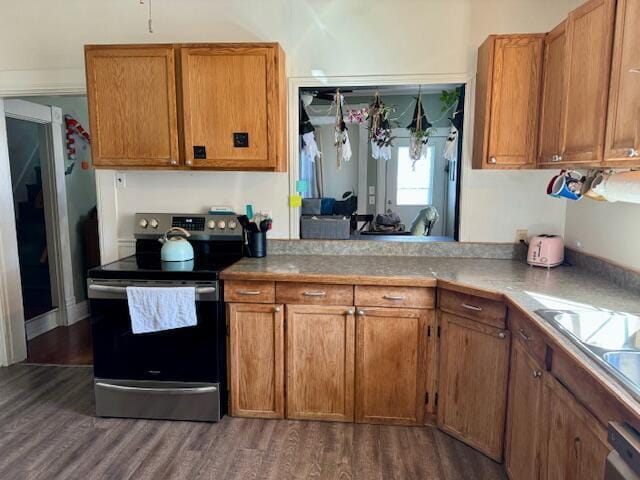 kitchen featuring dishwashing machine, dark hardwood / wood-style flooring, and stainless steel range with electric stovetop