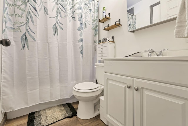 bathroom featuring toilet, vanity, and hardwood / wood-style flooring