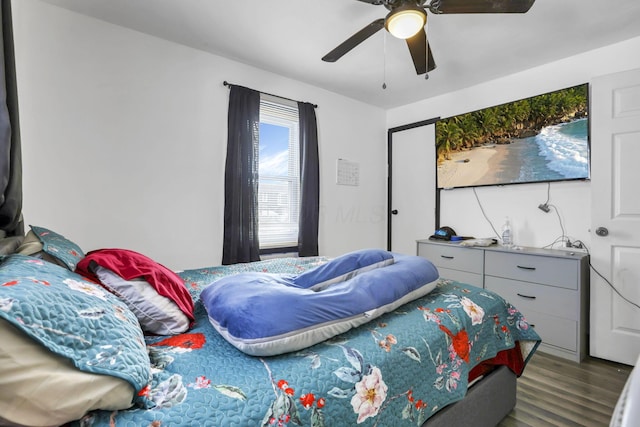 bedroom featuring dark hardwood / wood-style flooring and ceiling fan