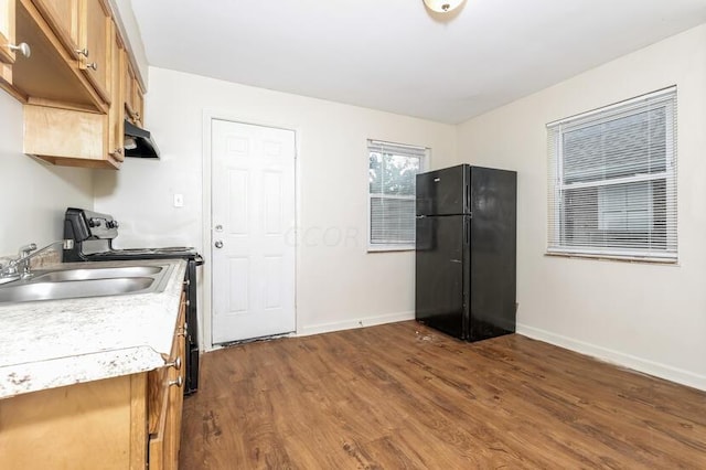 kitchen with black appliances, dark hardwood / wood-style floors, and sink