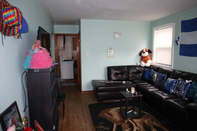 living room featuring washer / dryer and dark hardwood / wood-style flooring