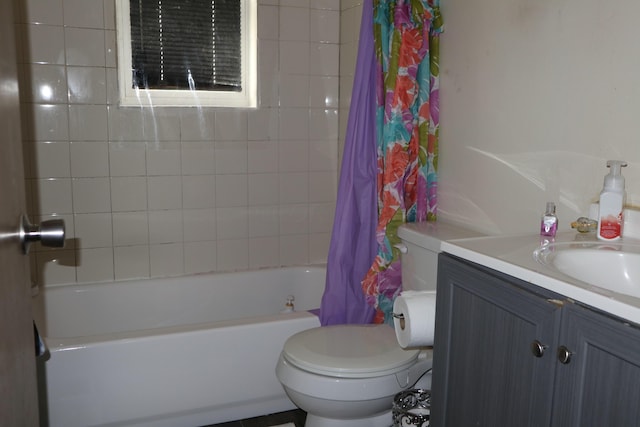 full bathroom with shower / bath combination with curtain, vanity, and toilet