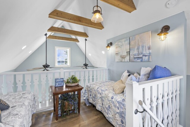 bedroom with vaulted ceiling with beams and dark hardwood / wood-style floors