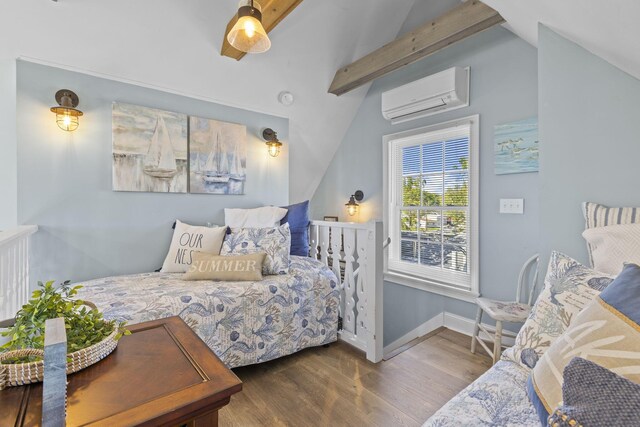 bedroom with dark hardwood / wood-style flooring, lofted ceiling with beams, and a wall mounted AC