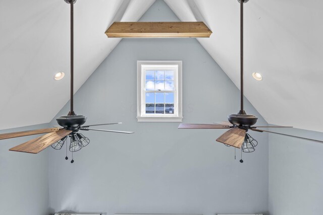 details with beam ceiling and ceiling fan