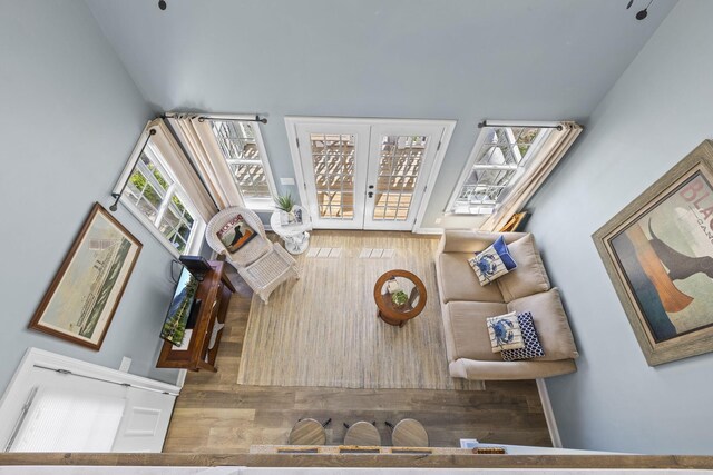 living room with french doors and wood-type flooring