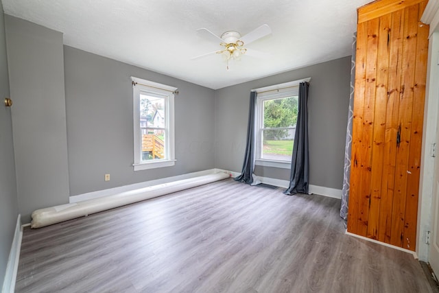 empty room with plenty of natural light, light hardwood / wood-style floors, and ceiling fan