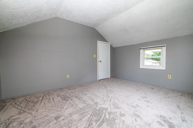 additional living space featuring a textured ceiling, carpet, and vaulted ceiling