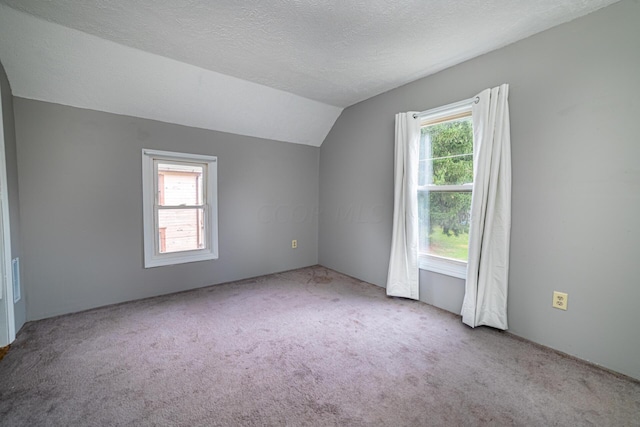 bonus room featuring a textured ceiling, light colored carpet, and vaulted ceiling