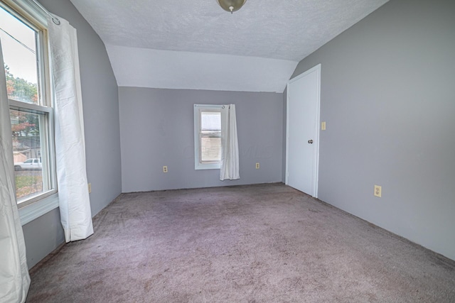 empty room featuring light carpet, a textured ceiling, and lofted ceiling