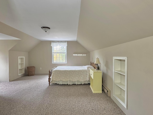 bedroom featuring baseboard heating, light colored carpet, and vaulted ceiling