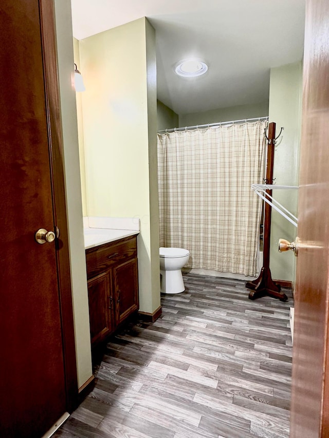 bathroom featuring vanity, toilet, and wood-type flooring