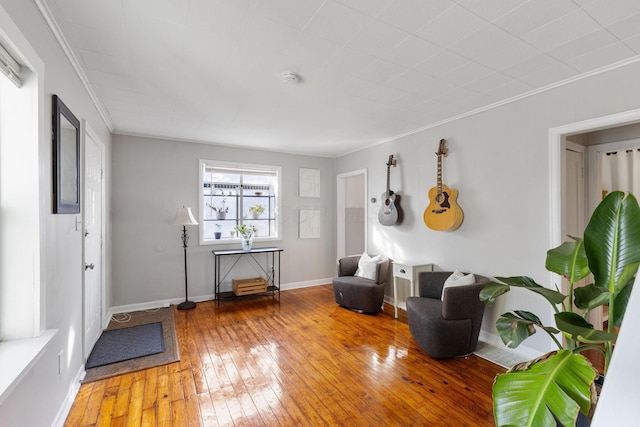 living area featuring crown molding and wood-type flooring