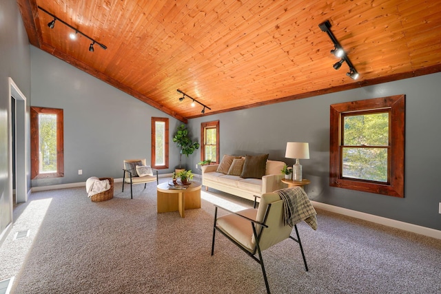 living room featuring high vaulted ceiling, track lighting, carpet floors, and wood ceiling