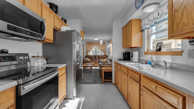 kitchen with a textured ceiling, sink, and stainless steel appliances