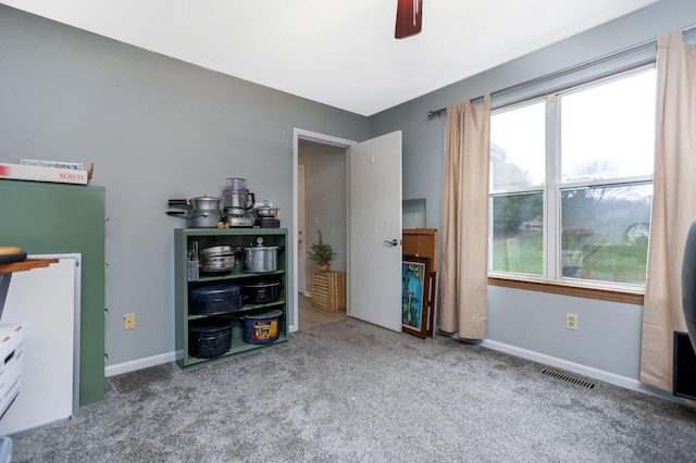 interior space with ceiling fan and carpet