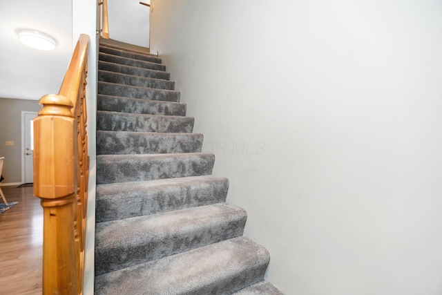 staircase with hardwood / wood-style floors