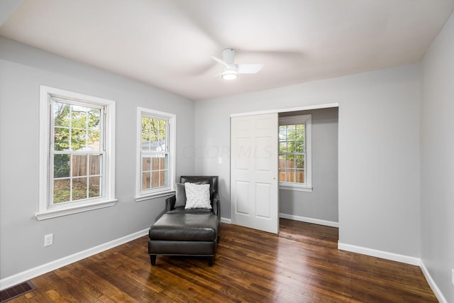 living area featuring ceiling fan, plenty of natural light, and dark wood-type flooring