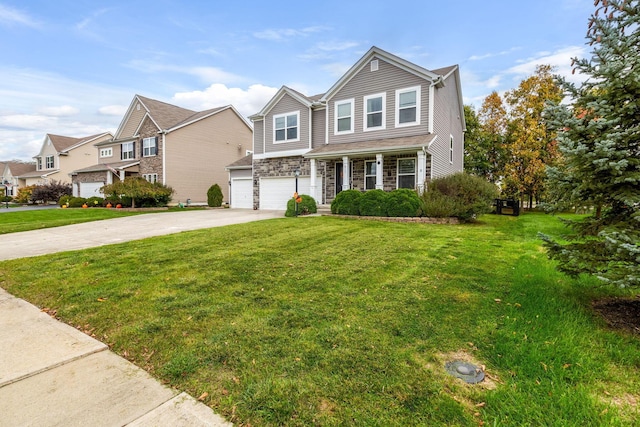 view of front of home with a front lawn and a garage