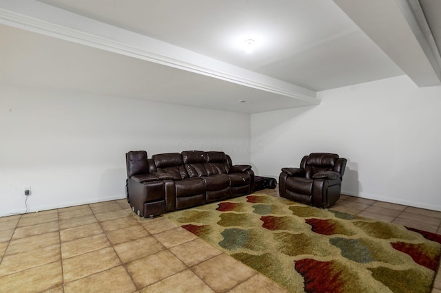 tiled living room featuring beamed ceiling