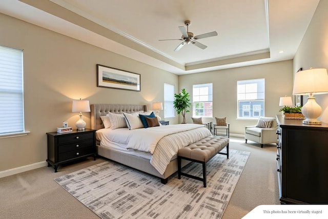 11996 Ficus Field Way, Plain City, OH 43064 - bedroom with light carpet, a tray ceiling, and a ceiling fan
