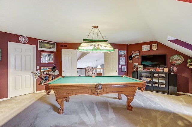 playroom with carpet floors, pool table, and vaulted ceiling