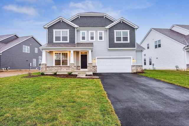 craftsman-style house with a front lawn, a porch, and a garage