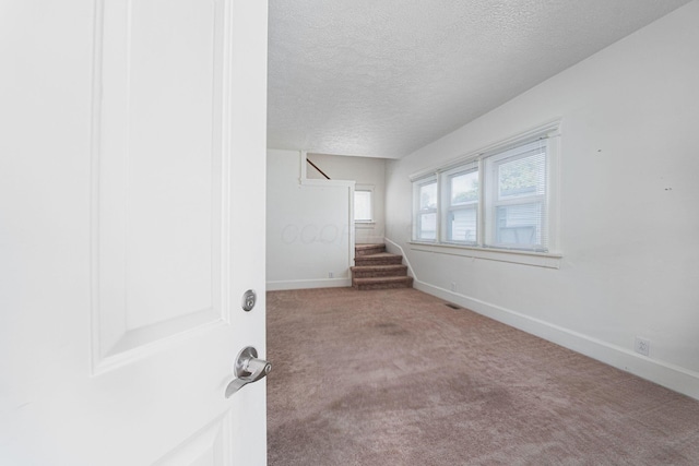 spare room with carpet and a textured ceiling