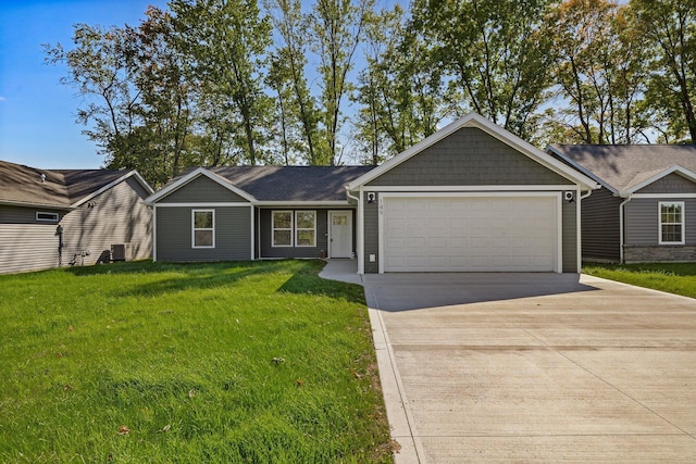 single story home featuring a garage, central air condition unit, and a front yard