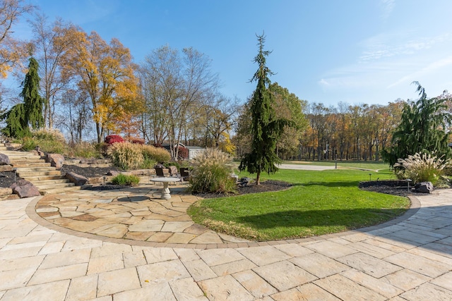 view of property's community with a yard and a patio