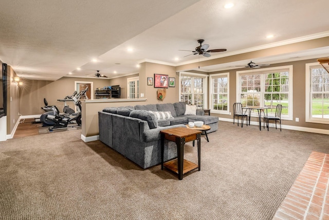 10492 Allen Rd, Pickerington, OH 43147 - carpeted living room with ceiling fan, ornamental molding, and recessed lighting