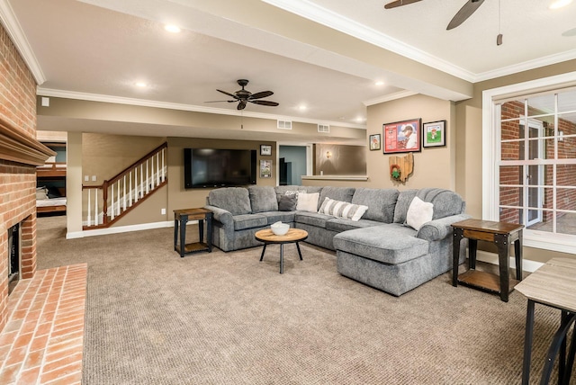 10492 Allen Rd, Pickerington, OH 43147 - living area featuring a ceiling fan, carpet floors, a fireplace, stairway, and ornamental molding