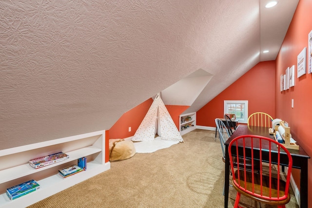 10492 Allen Rd, Pickerington, OH 43147 - carpeted office space featuring a textured ceiling, vaulted ceiling, and recessed lighting