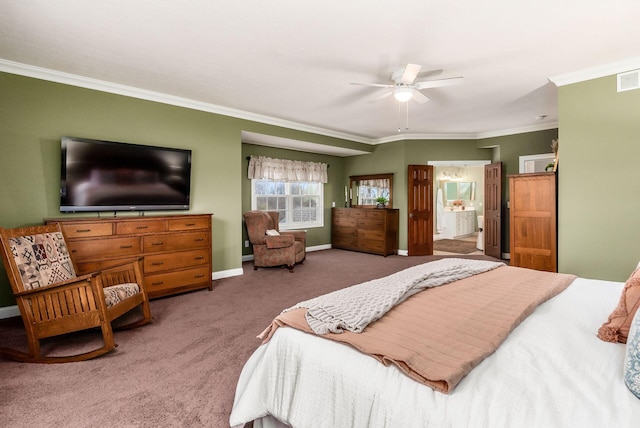 bedroom featuring ensuite bathroom, ceiling fan, carpet floors, and crown molding