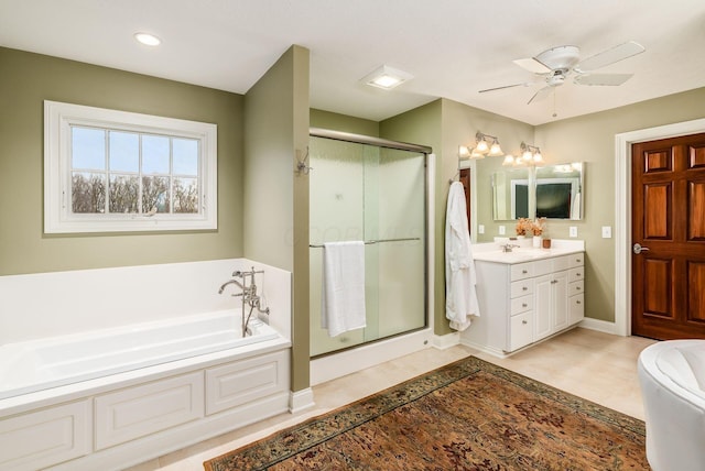 bathroom with tile patterned floors, vanity, ceiling fan, and independent shower and bath