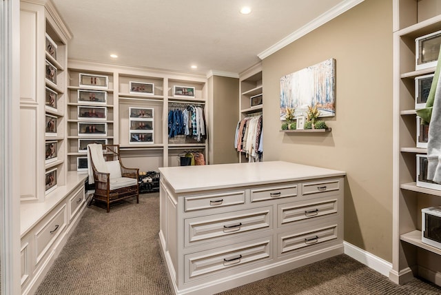 spacious closet featuring dark colored carpet