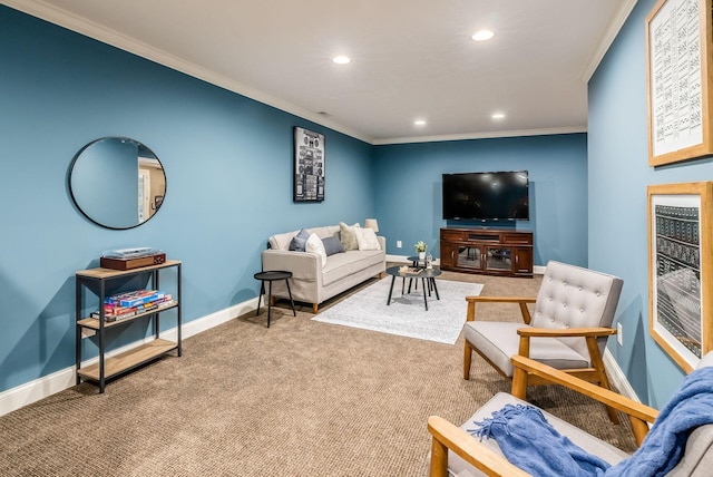 carpeted living room featuring crown molding