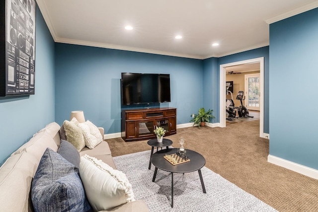 carpeted living room with crown molding