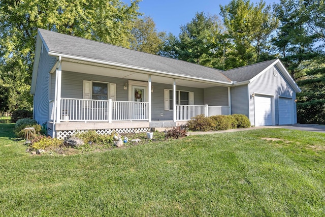 ranch-style house with a porch, a garage, and a front lawn