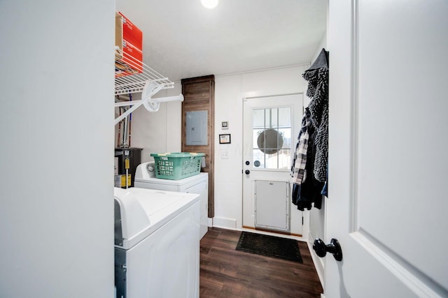 clothes washing area with electric panel, separate washer and dryer, and dark hardwood / wood-style floors