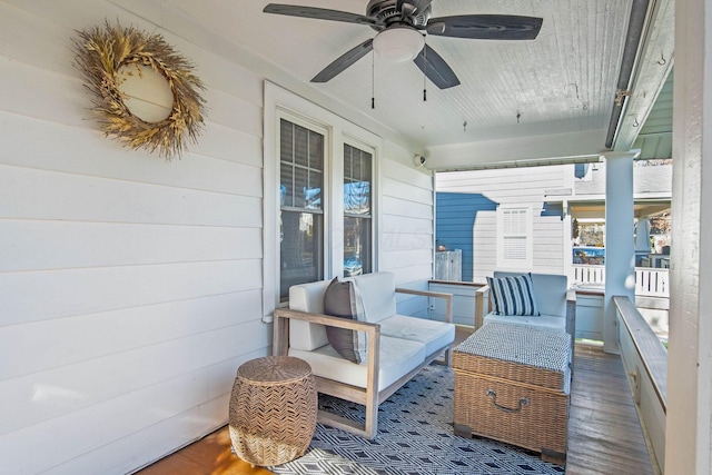 view of patio / terrace featuring ceiling fan and covered porch