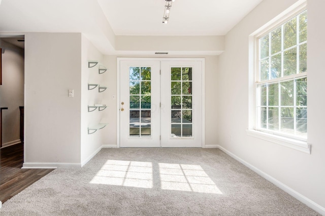 doorway featuring carpet, visible vents, baseboards, and a wealth of natural light