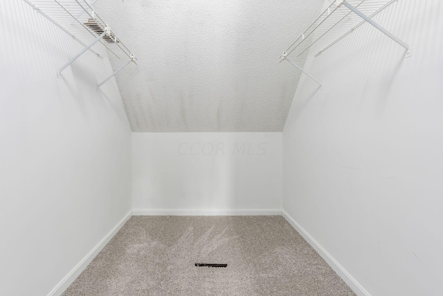 spacious closet with vaulted ceiling and carpet flooring