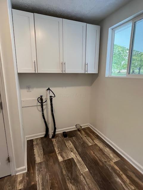 641/2 N Beaver St, Carroll, OH 43112 - laundry area with cabinet space, hookup for a washing machine, dark wood finished floors, and a textured ceiling