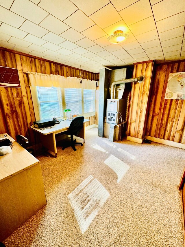 carpeted office with wooden walls