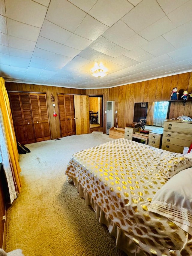 bedroom featuring wooden walls and carpet