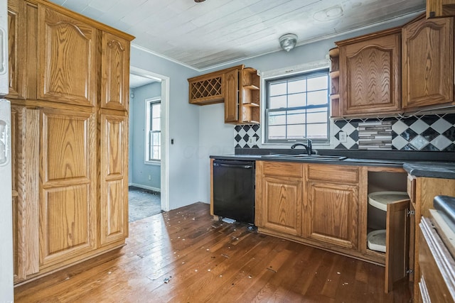 kitchen with decorative backsplash, dark hardwood / wood-style flooring, ornamental molding, sink, and dishwasher