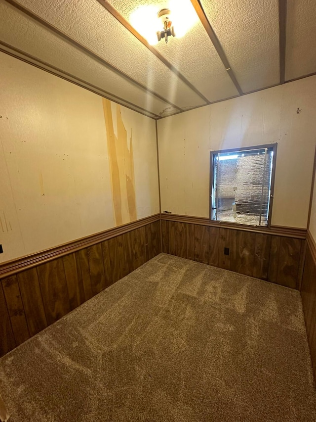 empty room featuring a textured ceiling, carpet floors, and wooden walls